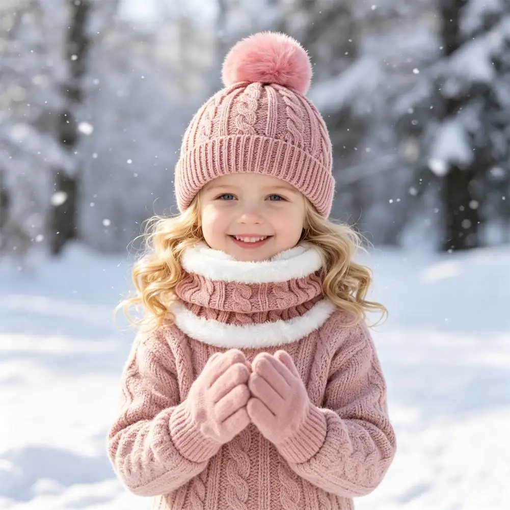 Kids Winter Warm Knit Set, Bear Ear Hat Fleece Lined Neck Gaiter Thick Knit Cold Weather Outdoor Accessory Set for Boys Girls