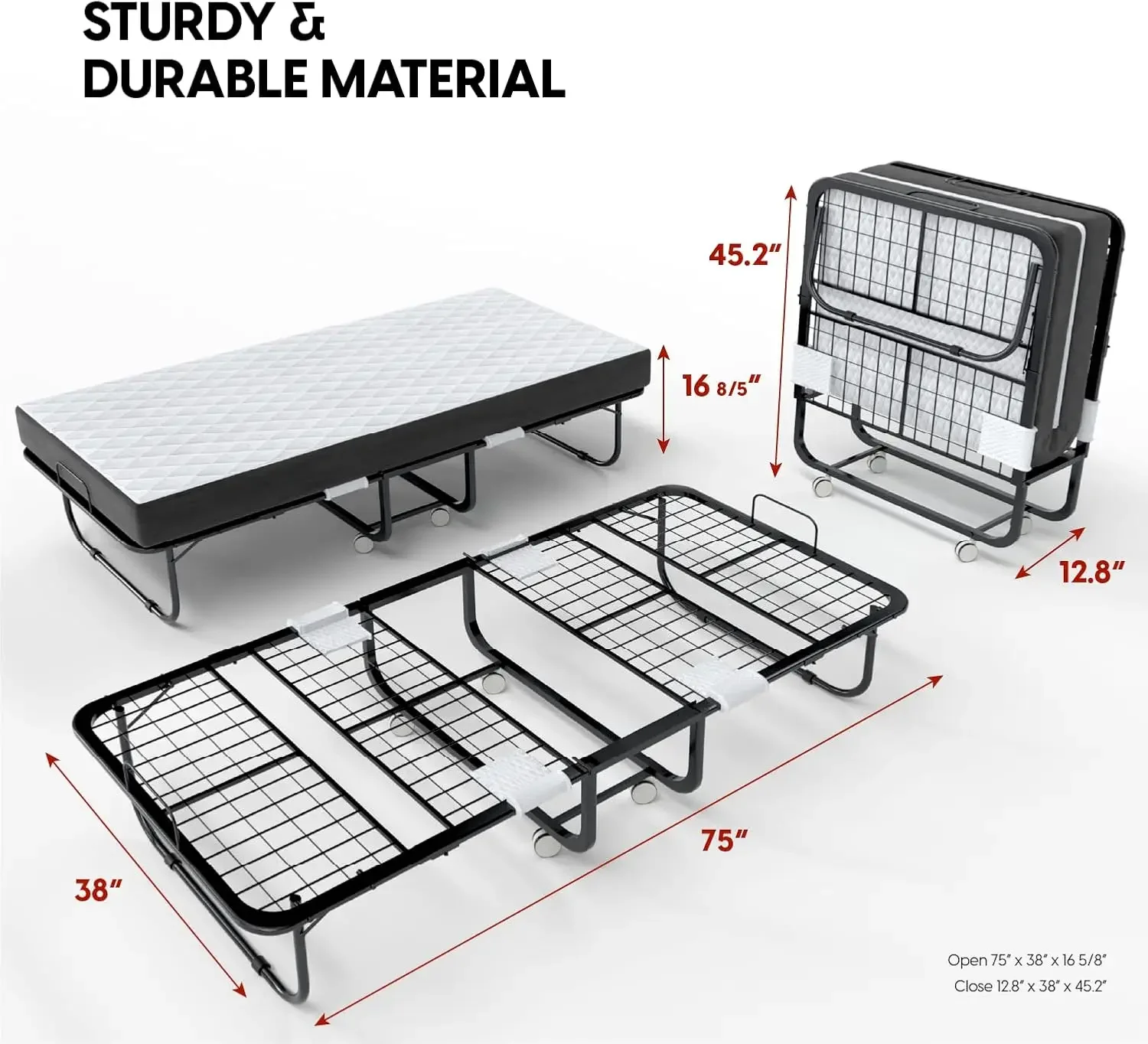 Folding Bed with Mattress - 75x38 Twin Size Bed Frame - Portable Foldable Roll Away Adult Bed for Guest - 5-inch Thick