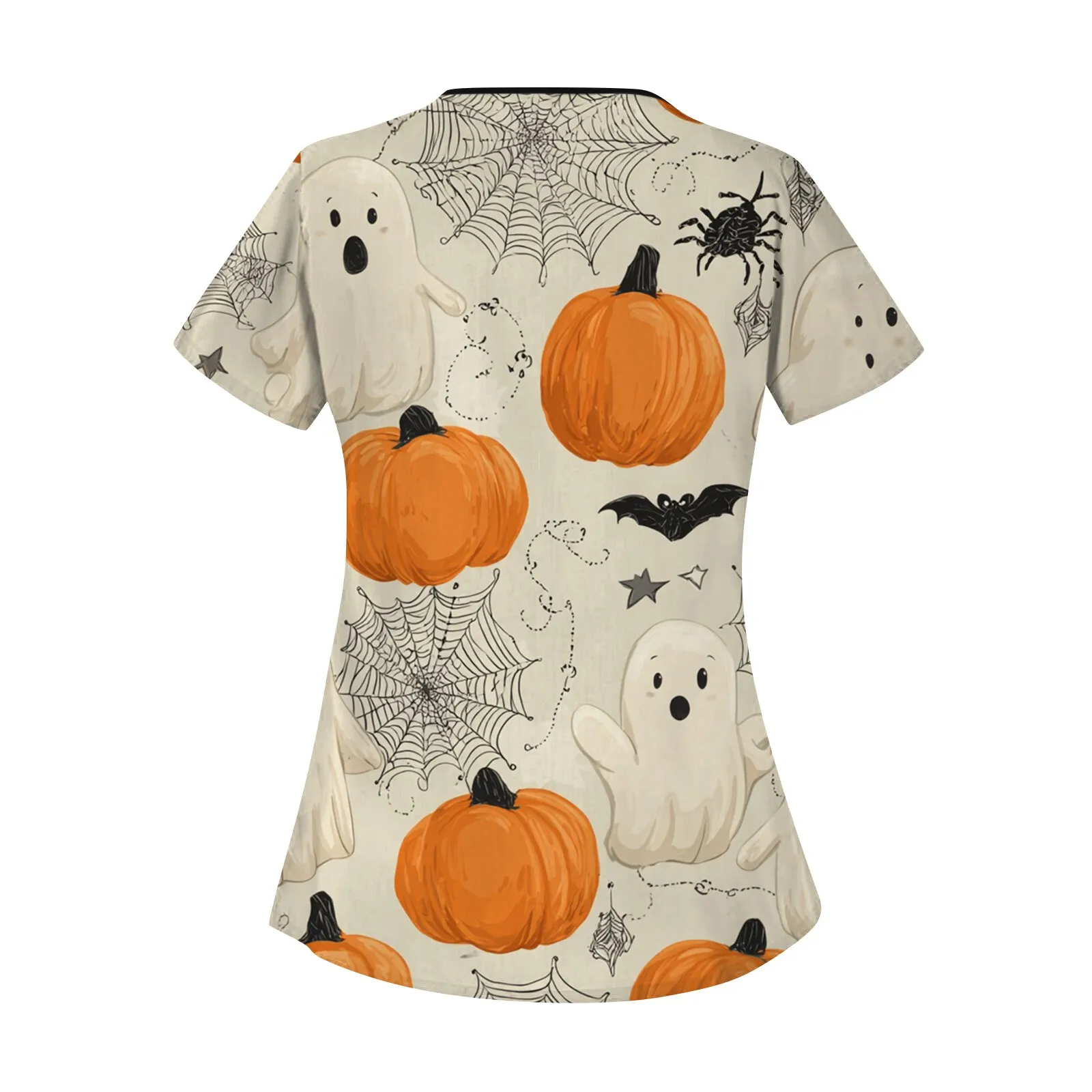 Dames Halloween bedrukte korte mouwen schuine kraag zak voedingstop schoonheidssalon scrubs T-shirts basisverpleeguniform