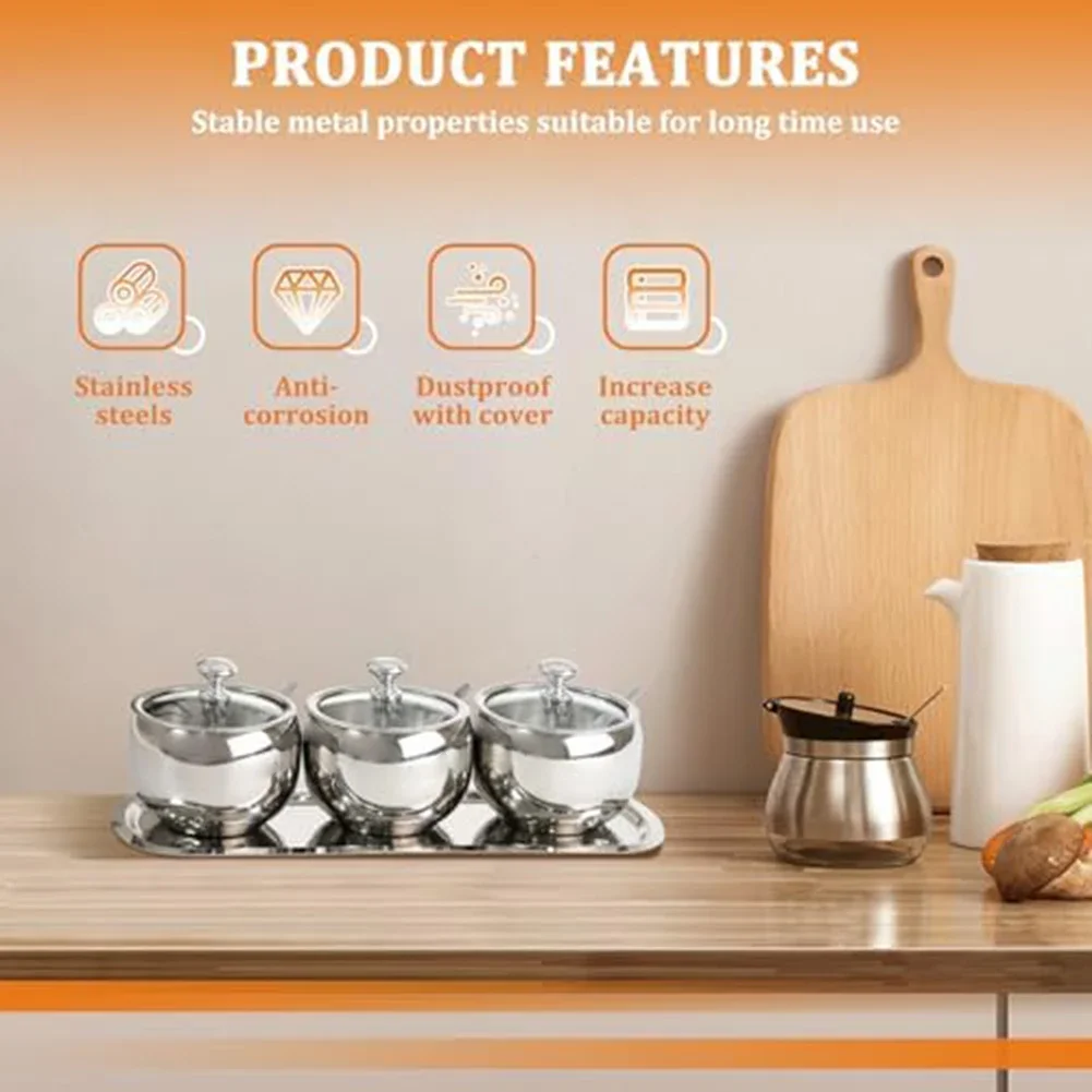 

1111111111111111111111111111ss Steel Sugar Bowl Set With Spoon & Tray For Kitchen Seasoning Accessories
