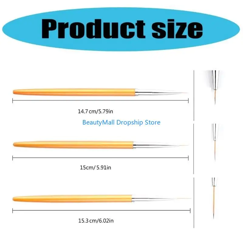 40JD 3 PCs Nails Liner Brushes Detalhes Pincéis unhas pintando pincéis arte