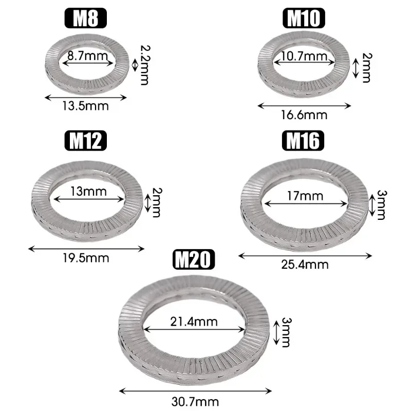 304 Stainless Steel Gasket M8 M10 M12 M16 M20 Wedge Lock Washer Double Layered Locking Anti Loose Gasket Replacement Accessories