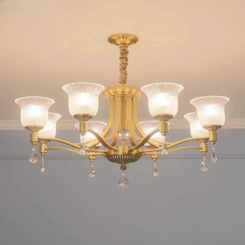 Light luxury living room chandelier high-end dining room glazed glass lampshade all copper lamps