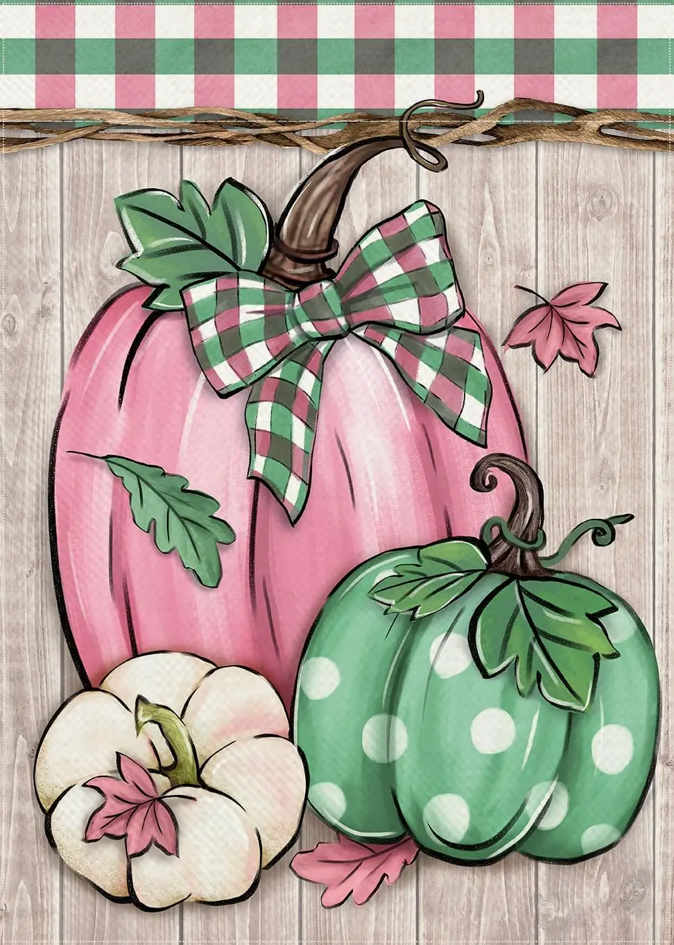 Fall Pink Green White Pumpkin Decorative Garden Flag, Autumn Plaid Check Farmhouse Yard Outside Decorations, Thanksgiving Ru yyi