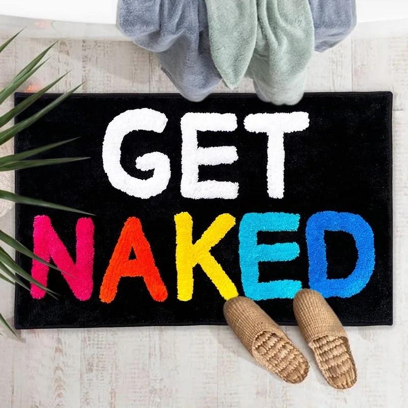 Inyahome Get Naked Bath Mat Cute Bathroom Rugs Non Slip Microfiber Bath Floor Rugs Funny Bathroom Decor Black Bath mat for Tub