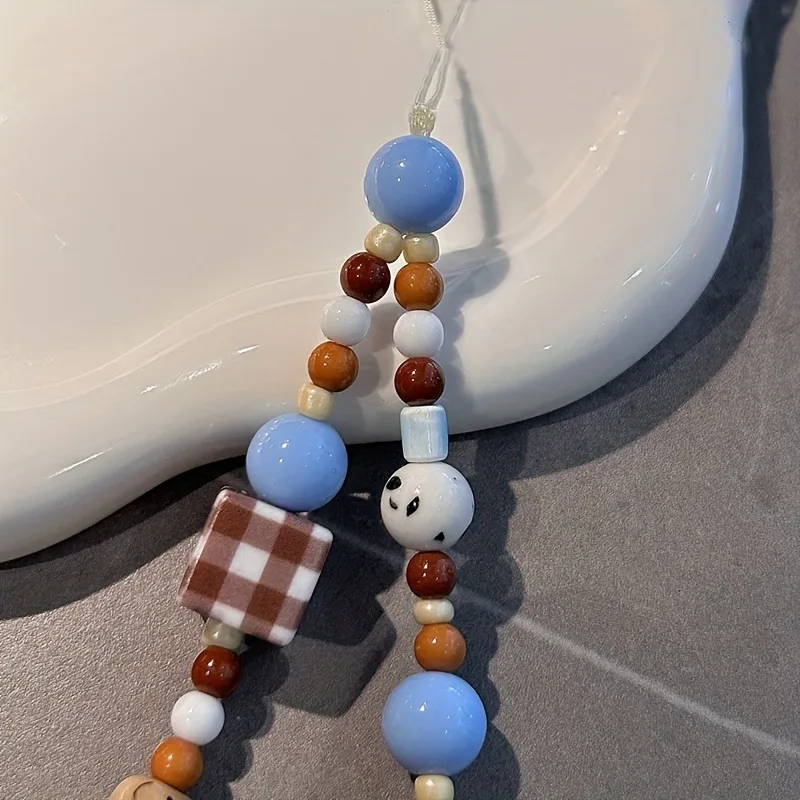 Korea Cute Brown Puppy Grid Block Blue Bead Beaded Phone Chain Charm Lanyard For iPhone 16 Samsung Universal Accessories Jewelry