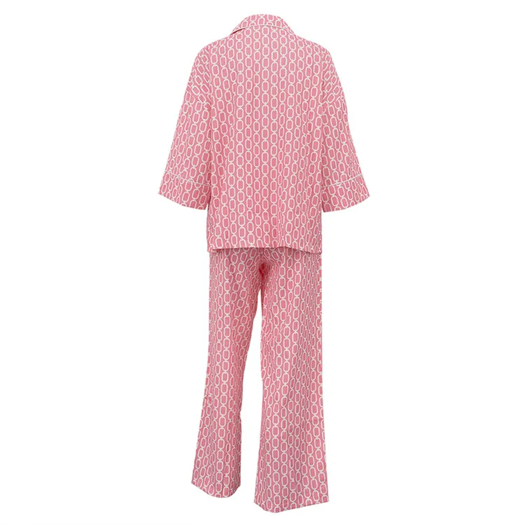 Fashion Loose Three Quarter Sleeve Pockets Shirts And Straight Trousers Female Sets Casual Pink Print Sets Womens 2 Piece
