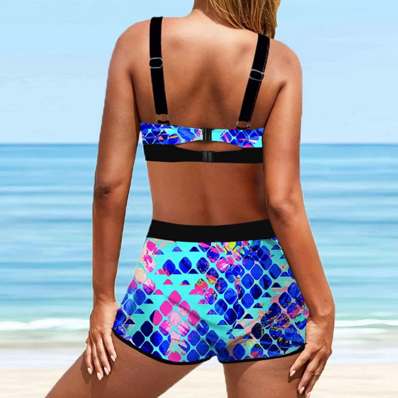 New Neon Color Block Snake Print Bikini Shorts Set Halter Front Bow V Neck Boyshort Bottom Women Two Piece Modest Beach Swimwear