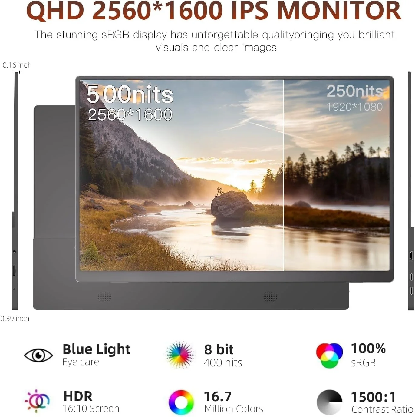 UPERFECT 2K Monitor portatile 16 '' 500 nit Display da gioco LCD 2560x1600 QHD Laptop da viaggio USB C Computer Secondo schermo esterno