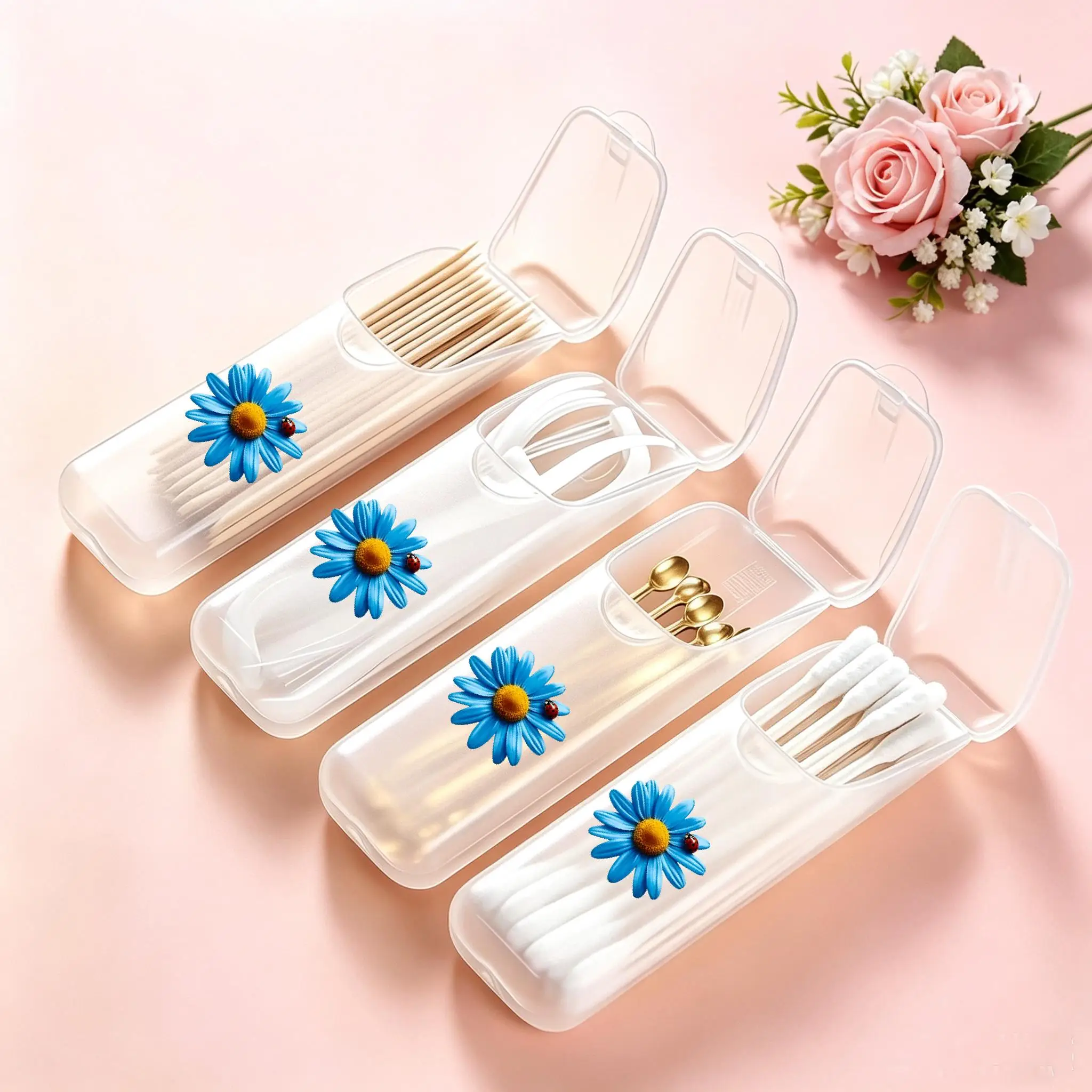 Blue Chrysanthemum Mini Storage Box, Travel Pill & Capsule Case, Food-Grade PP Container for Toothpicks, Dental Floss, Small Par