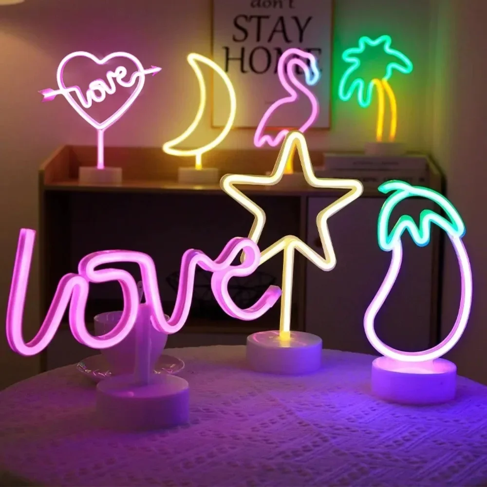 Neon Night Light Sign Flamingo Coconut Tree Cactus Table LED Lamp Kids Birthday Gifts Christmas Art Bedroom Decor Battery/USB