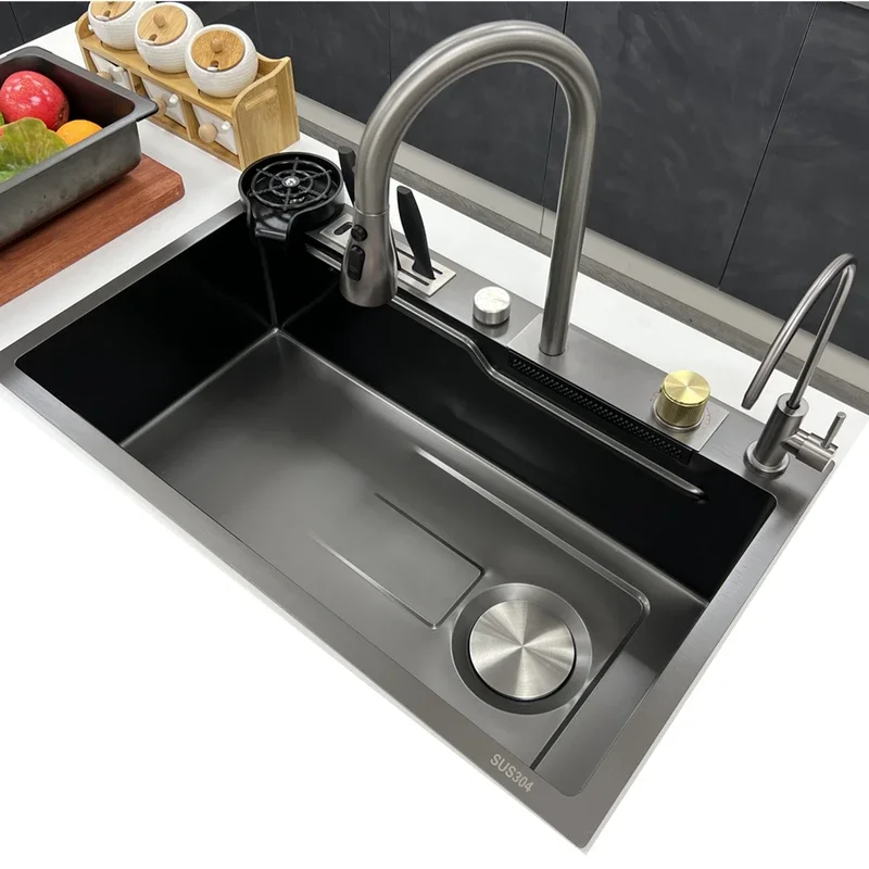 Feiyu-304 Stainless Steel Sink with Cup Washer and Knife Holder, Household Wash Basin, Black Kitchen Sink