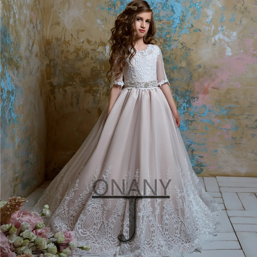 

JONANY Luxury Flower Girl Dress Pearl Court Train Crystal Made To Order Birthday Pageant Communion Robe De Demoiselle Baby Party