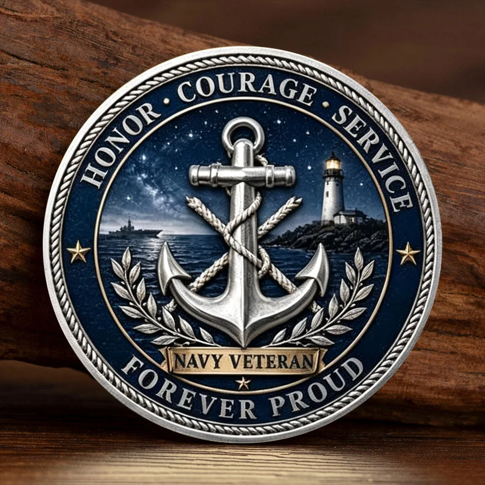 2D Flat US Navy Veteran Challenge Coin Anchor Warship Medal Silvery Plated Souvenir Coin Veteran Collection Gift