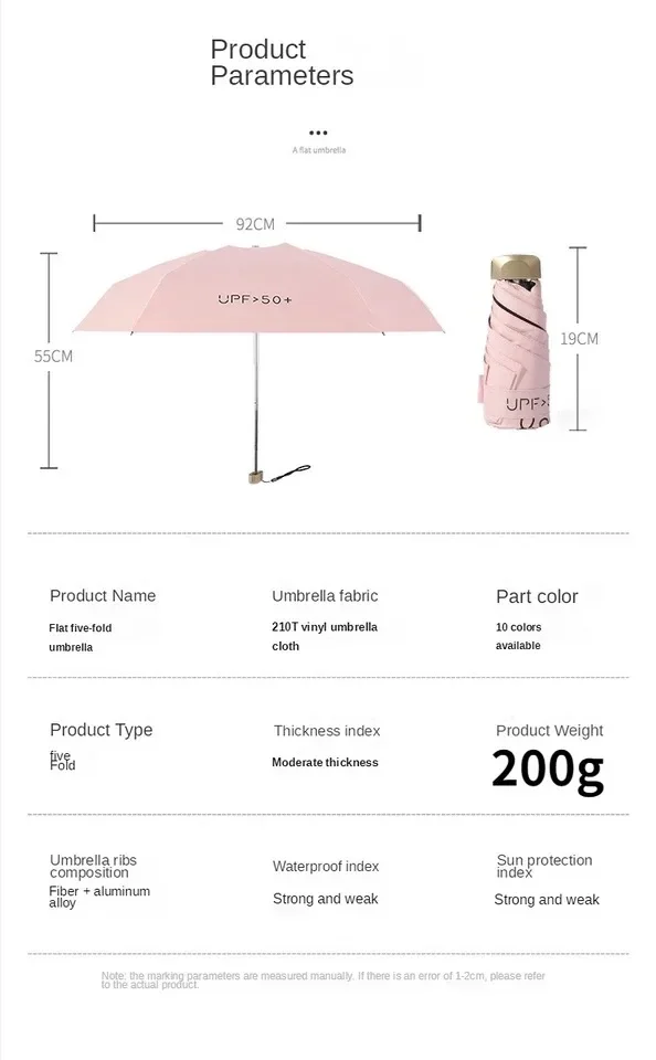 Paraguas Plano y Ligero para Mujer, Sombrilla Plegable, de Tamaño Pequeño, Parasol Fácil de Almacenar, para Sol y Lluvia