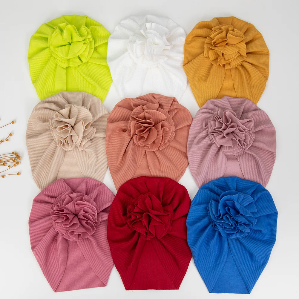 Cotton Ribbed Blossom Baby Turban Hats Elastic Solid Caps Beanies Bonnets Handmade Newborn Kids Boys Girls Headwraps Headwear