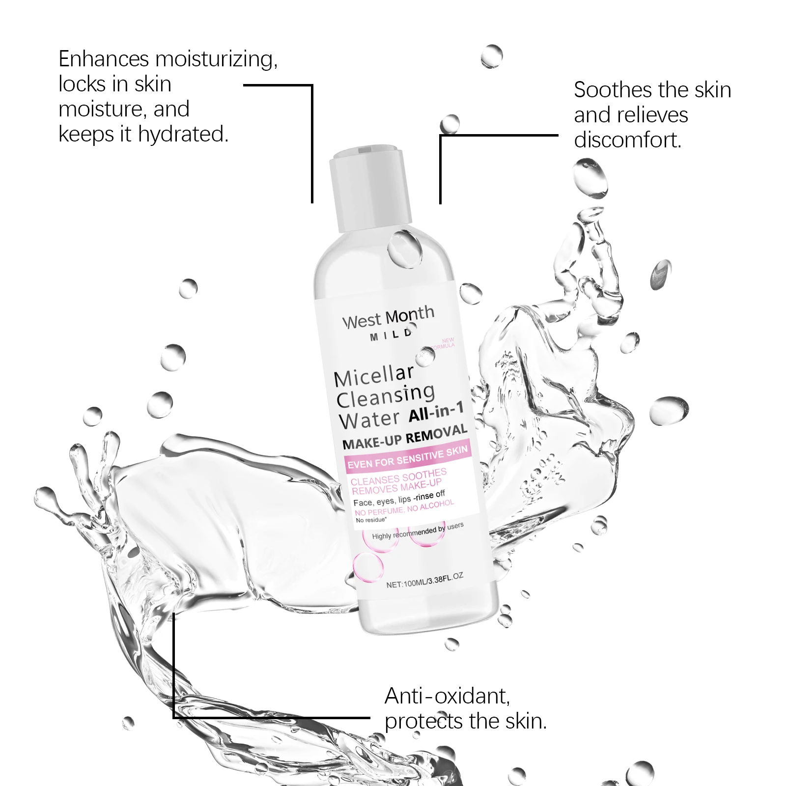 Agua limpiadora micelar, 100ml, removedor de maquillaje Entle para pieles sensibles, limpiador Facial sin aceite, equilibra aceite sin residuos pegajosos