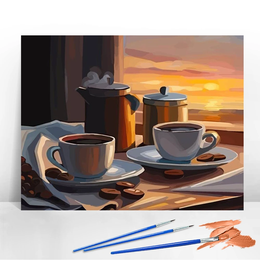 Digitales Ölgemälde Kaffee DIY Malen nach Zahlen Sonnenuntergang Landschaftslandschaft Acrylfarbe Zeichnen auf Leinwand Handgemaltes Geschenk