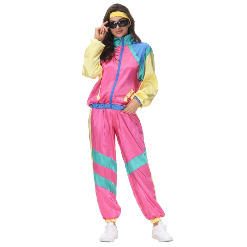 Volwassen Mannen Vrouwen Vintage 80S Hiphop Disco Cosplay Hippie Kostuum Halloween Purim Carnaval Party Paar Trainingspak Outfit