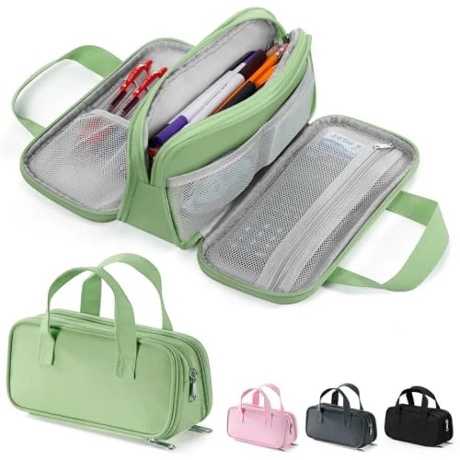

Large Pencil Case, Big Capacity Pencil Pouch Pen Bag with 3 Compartment, Portable Canvas Stationery Organizer with Zipper, Cute