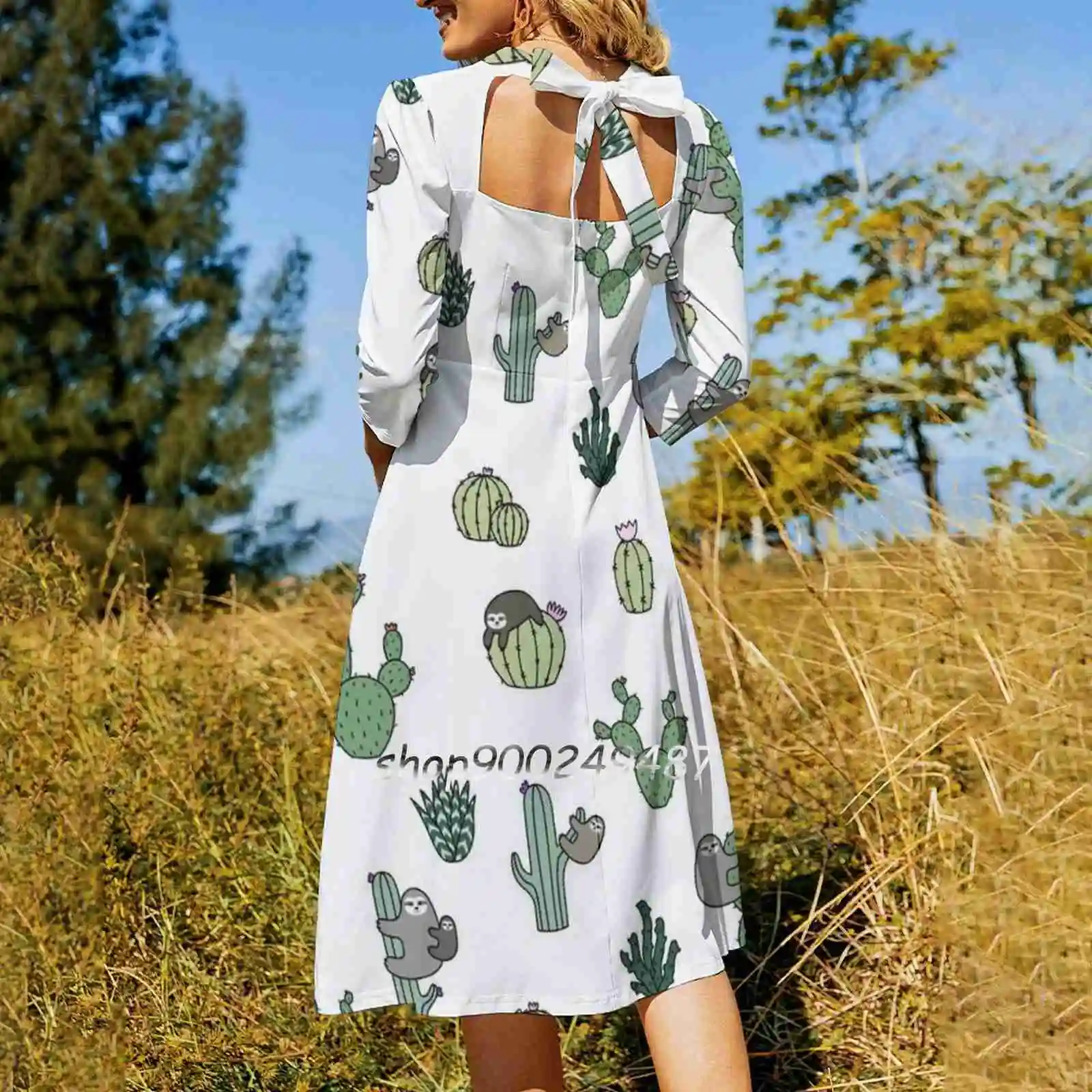 Cacti Sloths Flare Dress Square Neck Dress Elegant Female Fashion Printed Dress Sloth Sloths Sloth Pattern Cactus Cacti Sloth