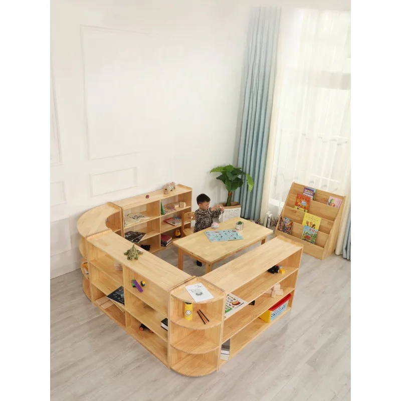 Kindergarten solid wood toy cabinet Montessori teaching aid area corner log schoolbag children's finishing storage rack