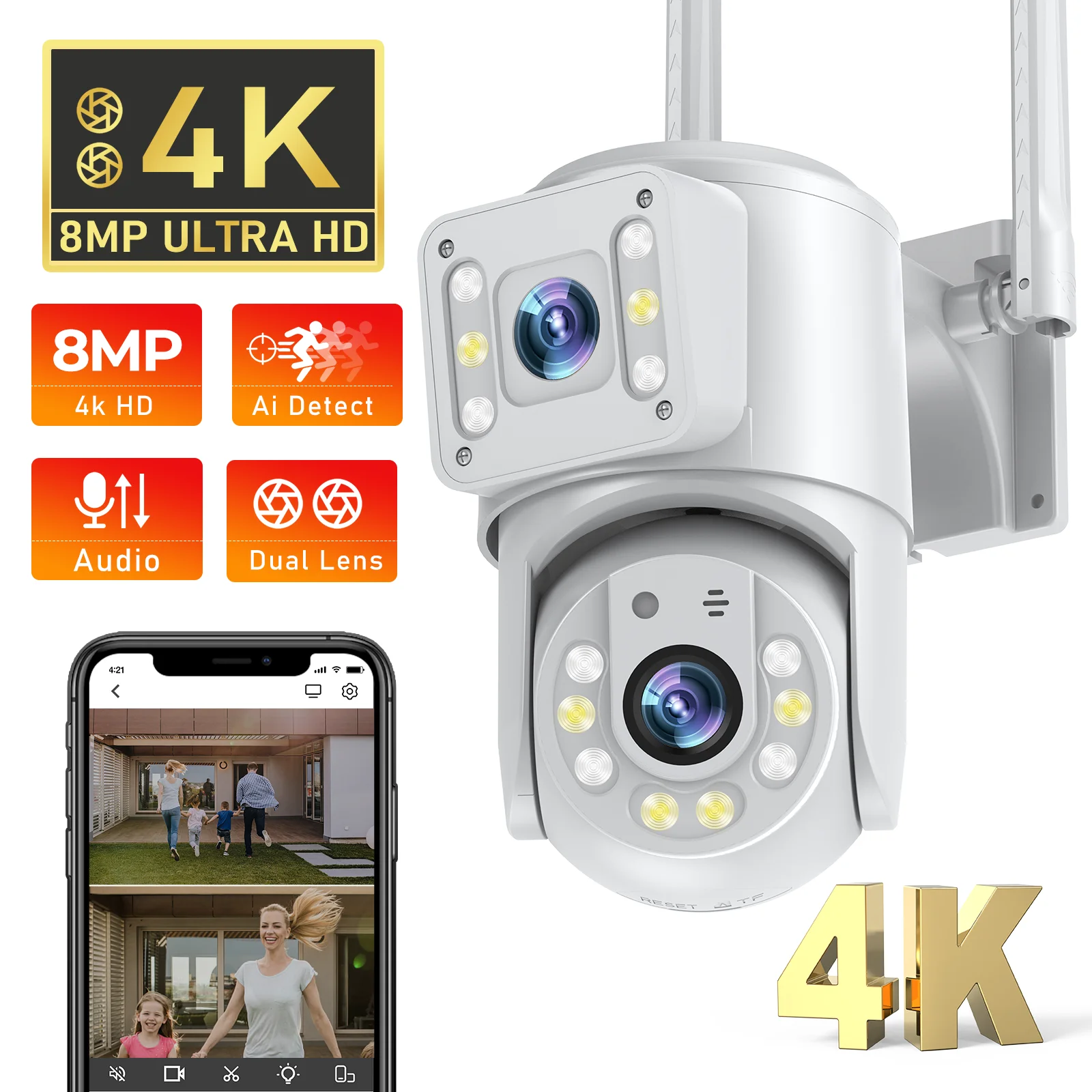 Cámara IP PTZ de 8MP con doble lente, videocámara de vigilancia con visión nocturna a todo Color, Wifi, detección humana, seguimiento de Audio