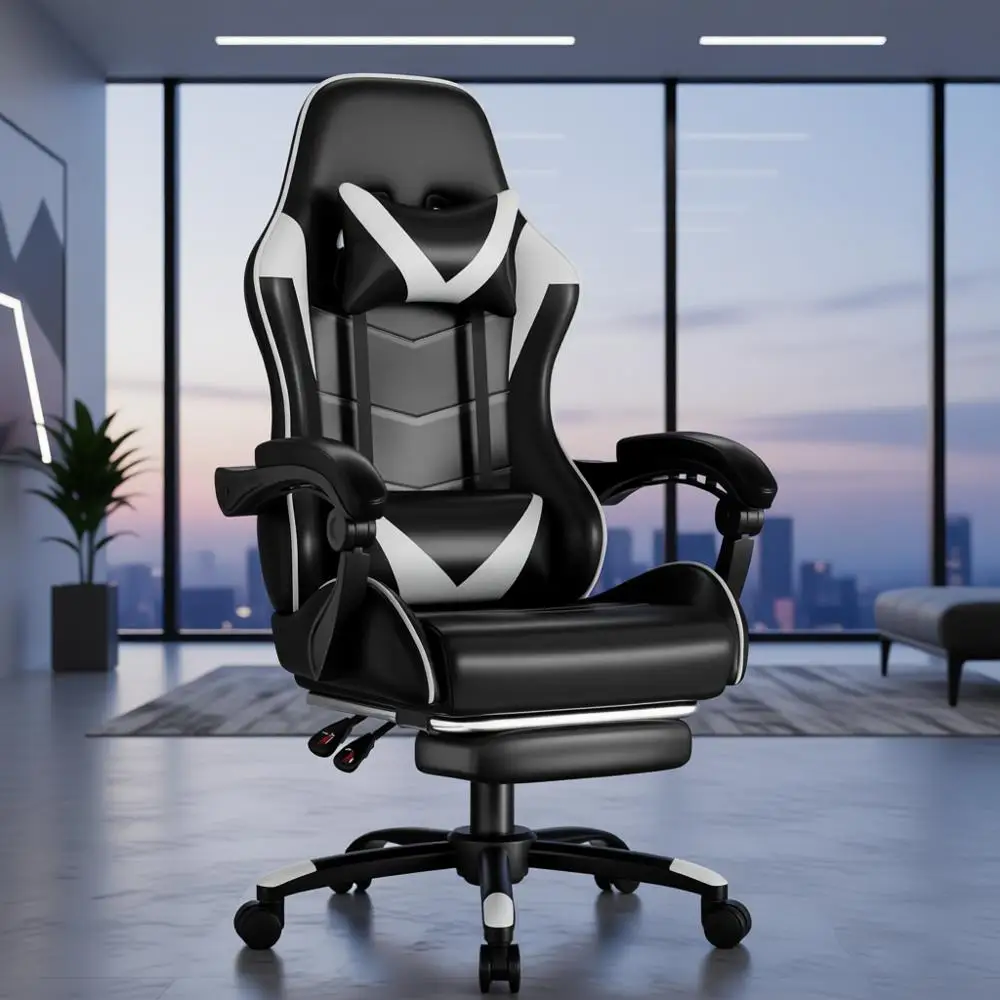 White High-Back Reclining Gaming Chair with Footrest, Lumbar Support, Massager, and 360° Swivel for Video Games and Office Use