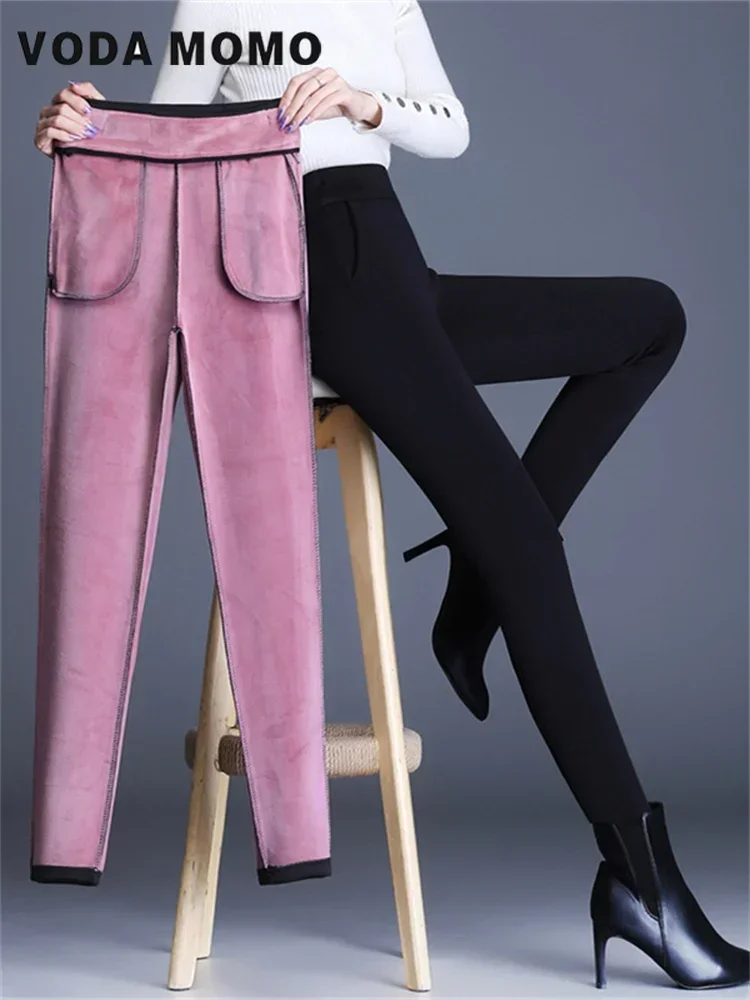 Elastic High Waist Solid Pencil Pants with Fleece Thicken Warm Female Legging Fleece Comfortable Wool Tights New Winter Women