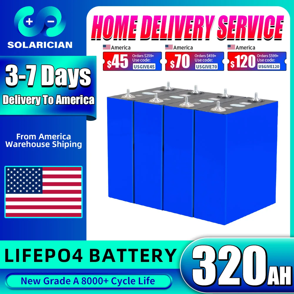 Estoque da ue 8000 ciclo 320ah lifepo4 bateria grau a 3.2v bateria recarregável diy 12v 24v 48v para rv ev acampamento solar lifepo4 célula