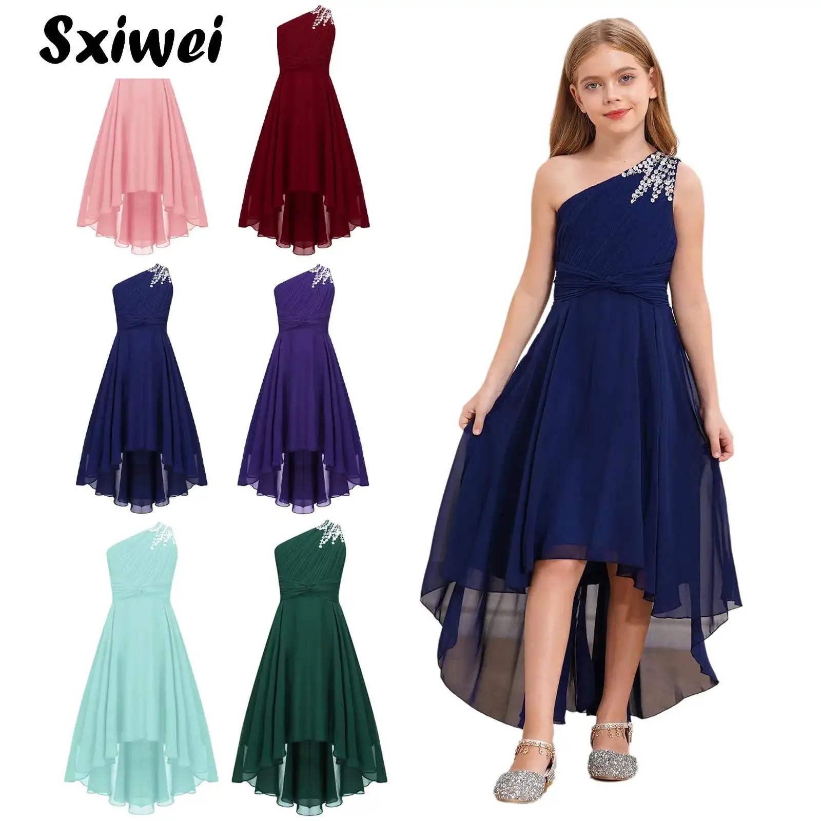 Teens Flower Girls Dress Elegant Chiffon Dress One Shoulder Sleeveless Wedding Bridesmaid Dress Prom Gown Hi-low Summer Dress