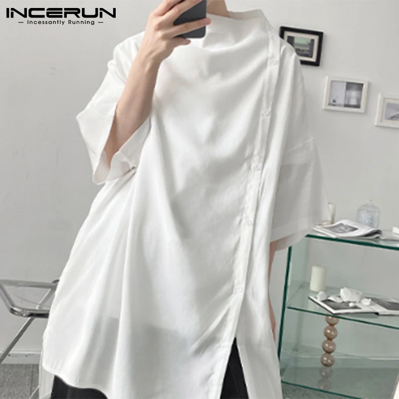 

2026 Men Irregular Shirt Solid Color Turtleneck Half Sleeve Button Camisas Streetwear Fashion Casual Shirts Men S-5XL INCERUN