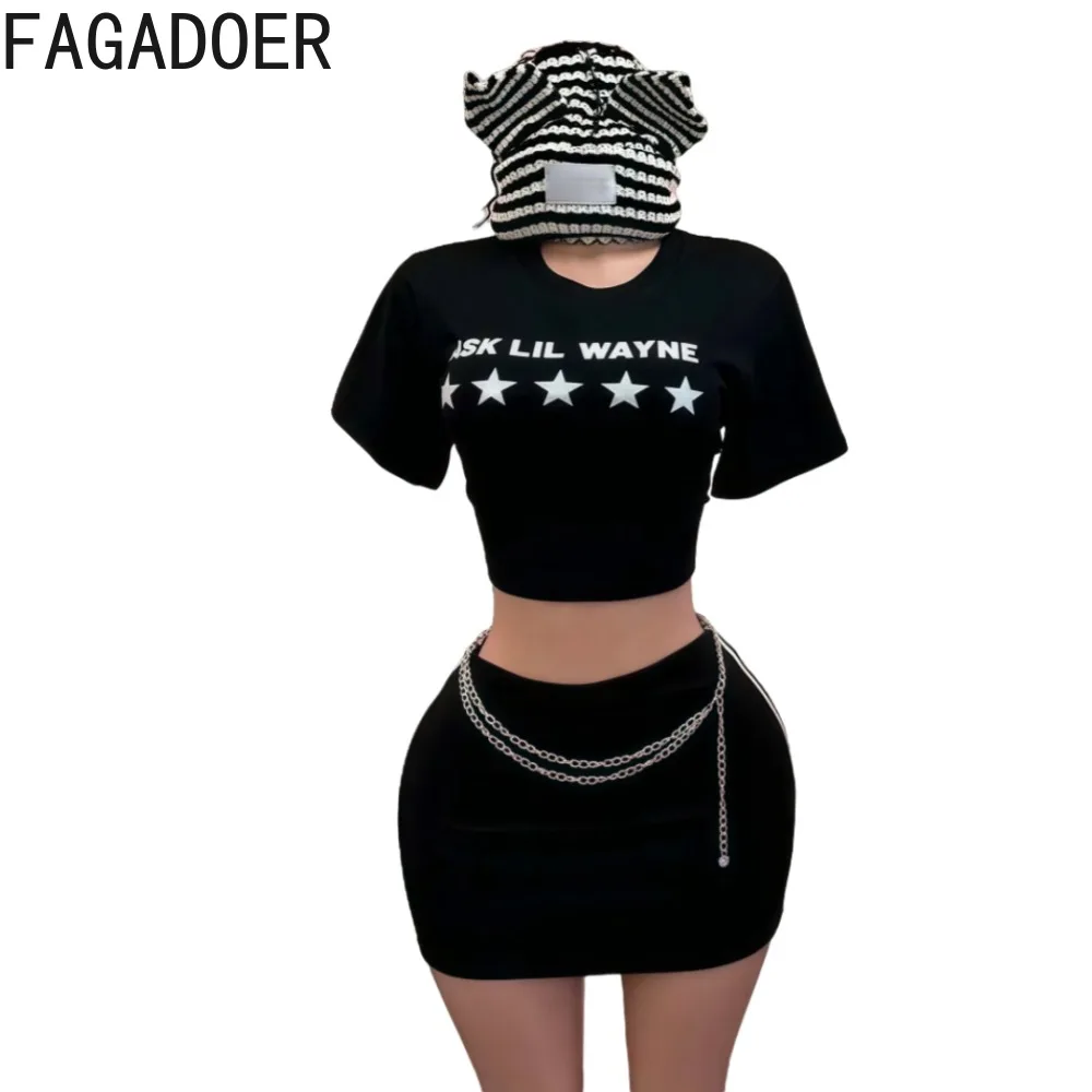 FAGADOER Sexy Women 2 Piece Set Outfit Letter Print Crop Tops + Bodycon Mini Skirts Suit Hot Girl Streetwear Clothing Spring New