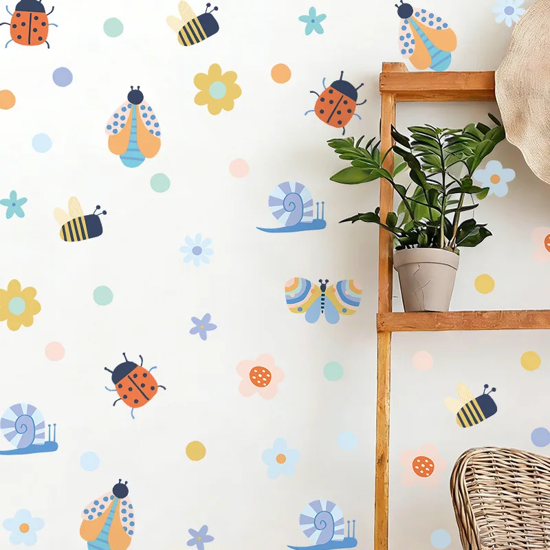 4pcs Floral Insect Cartoon Wall Sticker for Kids' Bedrooms Self-Adhesive PVC Stickers for Nursery & Living Room Wall Decor