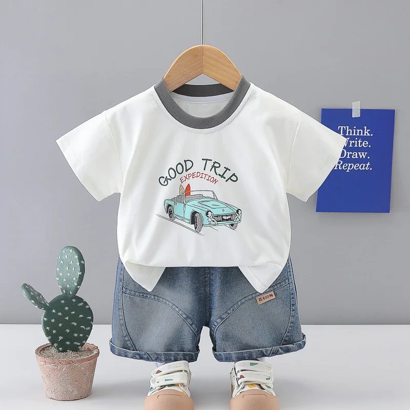 0-5 Years Baby Boy Summer Set 2026 New Toddler Boys Outfits Car Print Short Sleeve T-shirts + Denim Shorts Kids Boutique Clothes