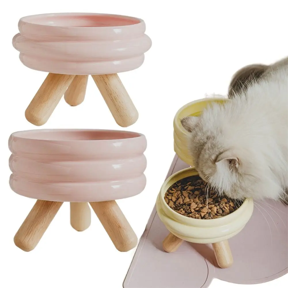 Detachable Cat Ceramic Bowl with Stand Anti-slip Stackable Kitten Food Basin Wood Shelf Anti Vomit Raised Ceramic Cat Dishes