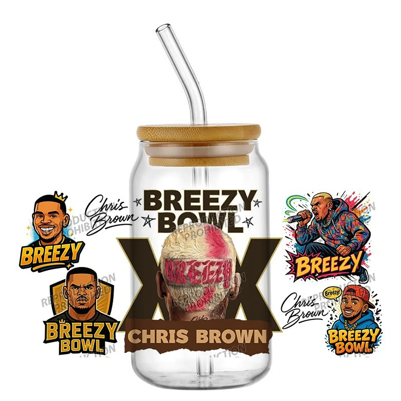 New Popular Singer Chris Brown Transfer 3D Sticker UV DTF For 16oz Libbey Glass Cup Collection Can Mug Wraps Tumbler Decals view 6
