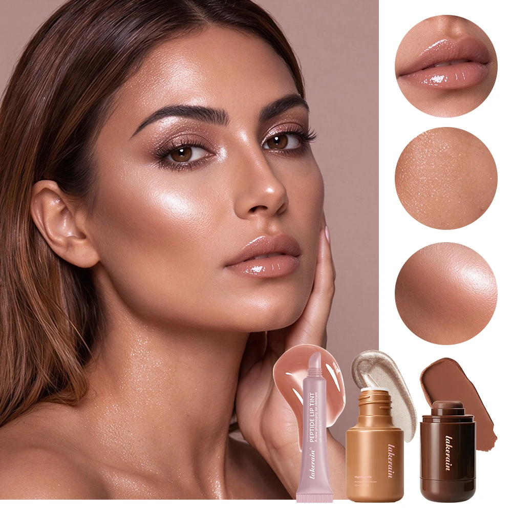 4Pcs Women Makeup Set Lip Tint Bronzer Contour Highlighter Stick Natural Dewy Sun Kissed Travel Friendly Daily Face Cosmetics