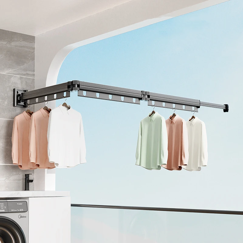No punching Grey and White Wall-Mounted Foldable Aluminum Alloy Clothes Drying Rack for Balcony Bedroom Kitchen Living Room image 2