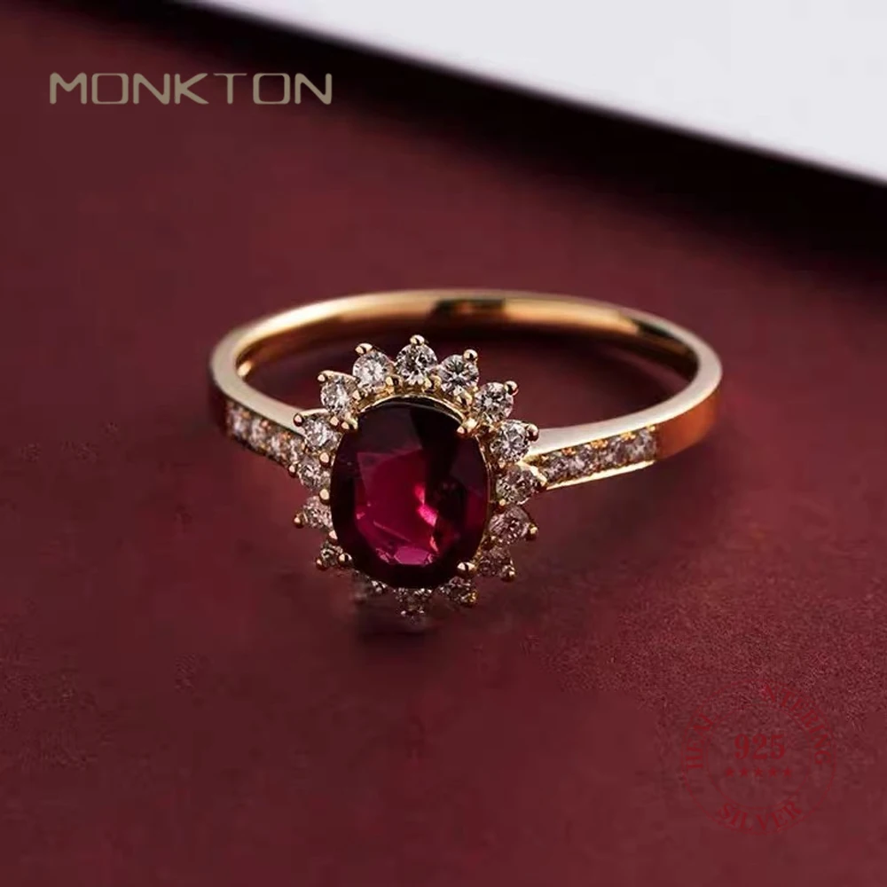 

Monkton S925 Sterling Silver Red Gemstone Wedding Rings for Women Vintage 18K Gold Plated Sunflower Promise Ring Fine Jewelry