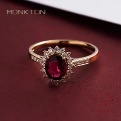 Monkton S925 Sterling Silver Red Gemstone Wedding Rings for Women Vintage 18K Gold Plated Sunflower Promise Ring Fine Jewelry