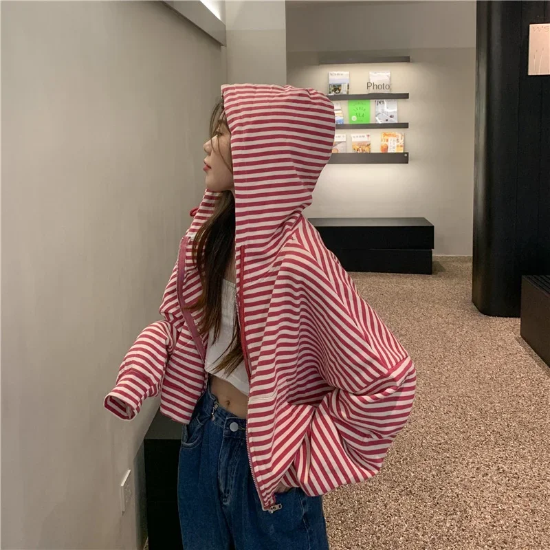 Vintage stripe Zip Up Women Korean Style Hoodies For Girls Top Long Sleeve Oversized Hooded Sweatshirt Jacket Casual short Coats