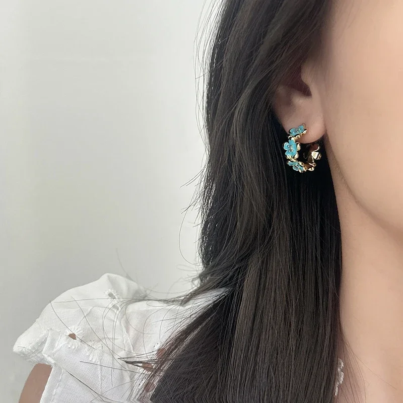 

Real 925 Sterling Silver Enamel Flower Letter C Stud EarringS for Women Personality Plant Fine Jewelry Cute Accessories