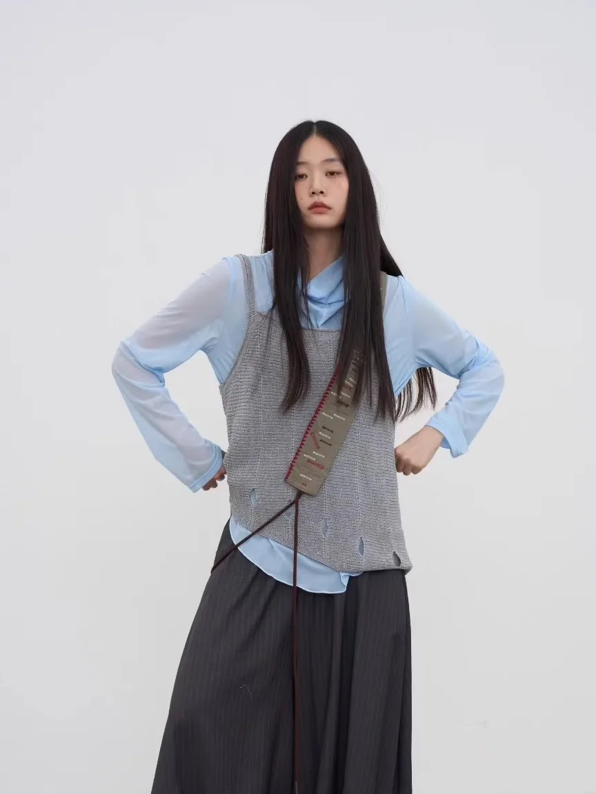 

BABESLE "Rainwalk" Japanese Artistic Cool Versatile Design f Transparent Base T- irt Asymmetrical Loose Fit Long Sve