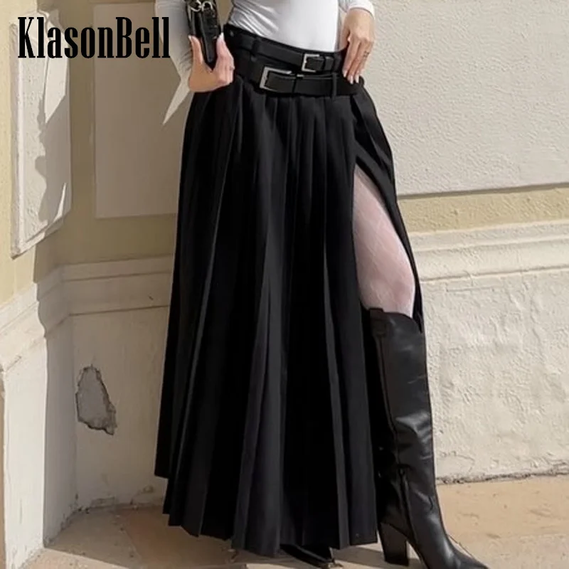 

8.6 KlasonBell Women Fashion Streetwear Double Buckle Sashes Decoration Long Split Pleated Skirt Sweet All-matches Short Skirt