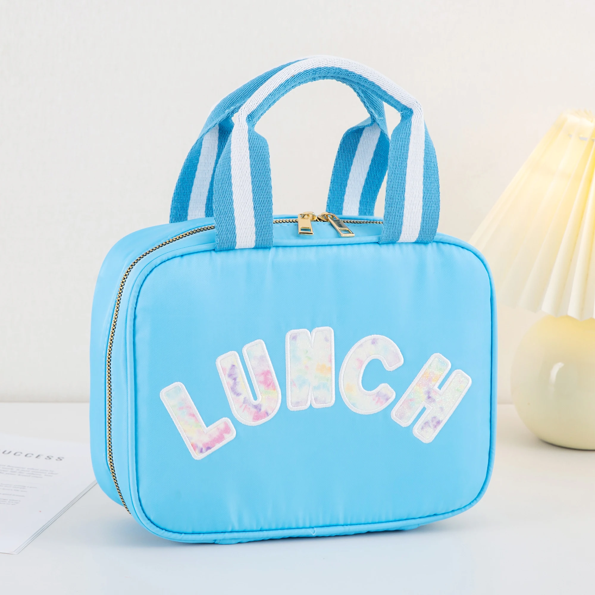 Girls Boys Preppy Cute Reusable Nylon Insulated Tote Lunch Box Cooler Bag with Chenille Letters for Office School Travel Picnic