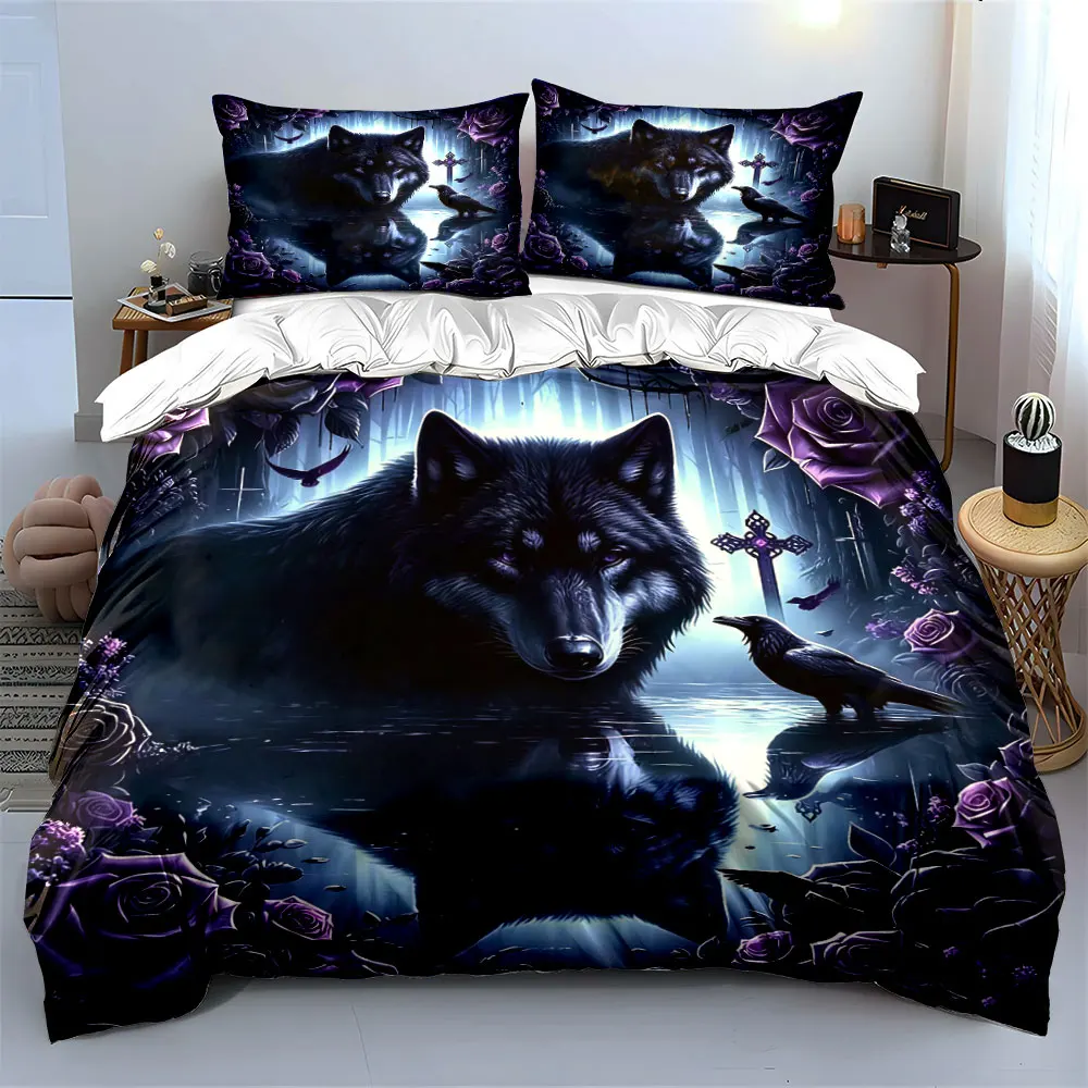 Dark Forest Wolf Raven Duvet Cover Print Bedding Set 1 Duvet Cover 2 Pillowcases for Adult and Children Luxury Gift Full Size