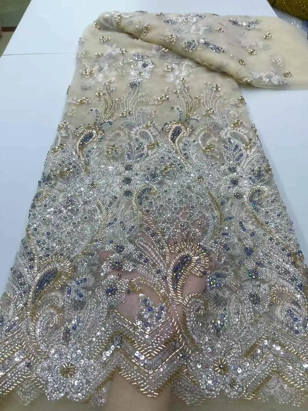 Luxury African Lace Fabric French Net Sequins Beads Fabric 2025 High Quality Sewing Embroidered Lace Tulle Nigerian