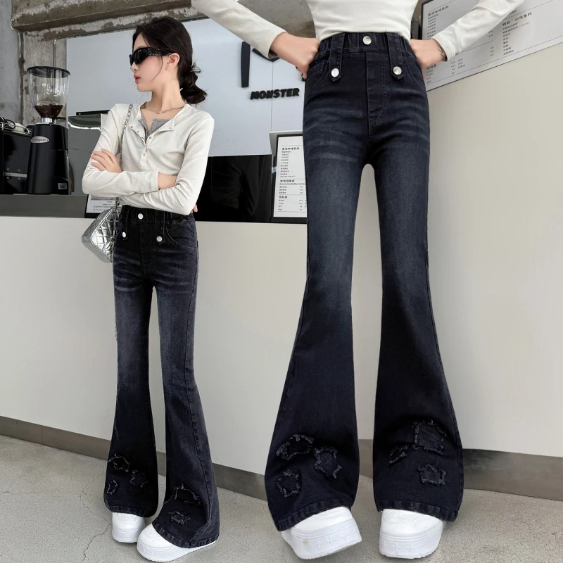 

Girls' Spring and Autumn Denim Pants Embroidered Bow Denim Wide-Leg Pants Loose Denim Long Pants for Fall Teen Daily Wear
