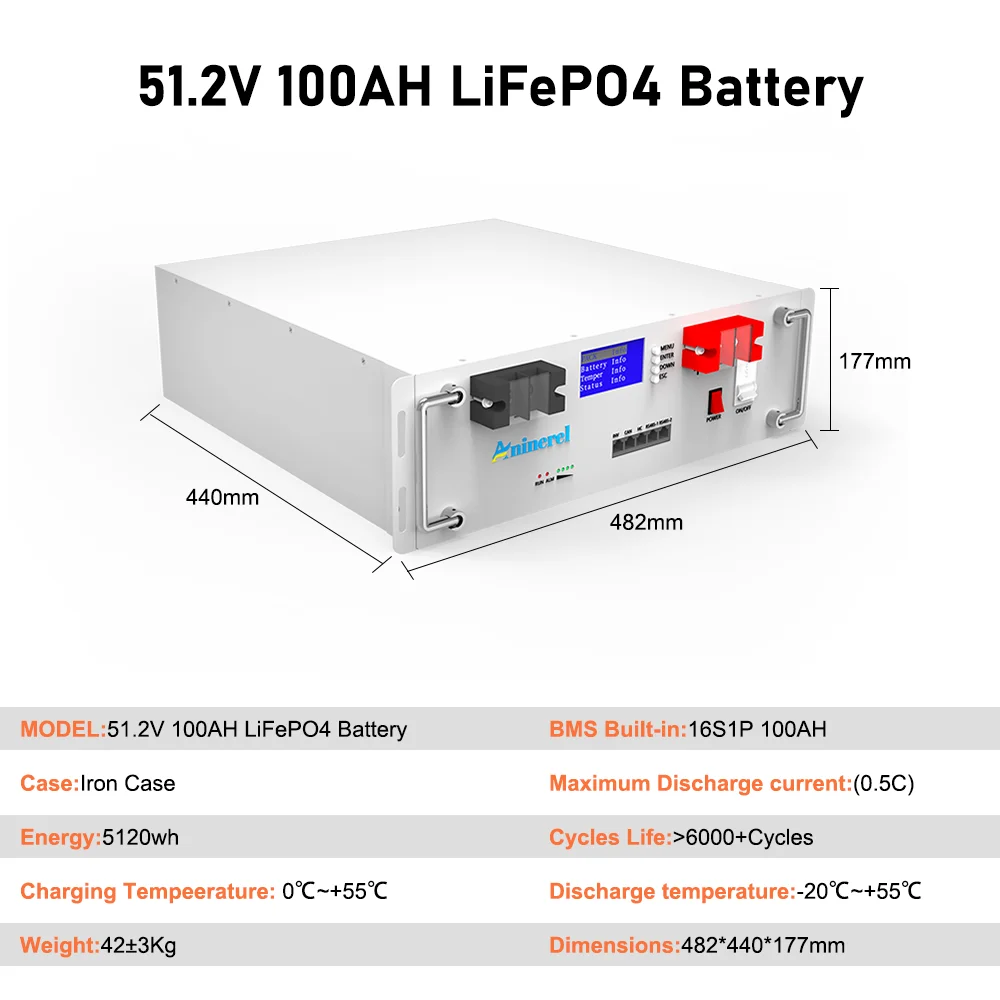 Aninerel 6200W 48V Solar Inverter + 48V 100AH LiFePO4 Batterijsets 220VAC 6.2KW Off-Grid Hybride Inverter met 120A MPPT Zuivere Sinusgolf 51.2V 5.12Kwh Zonne-energieopslag 6000+ Cycli